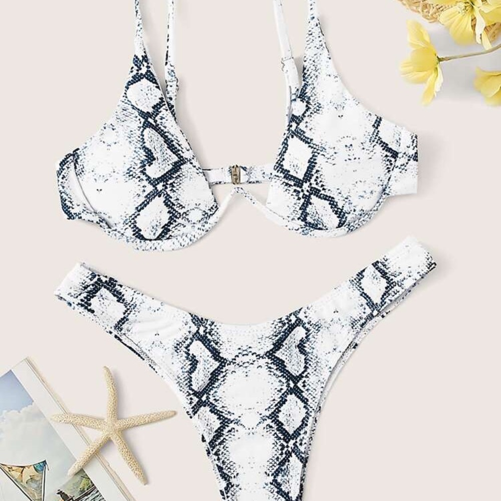Shein Deep V snakeskin high cut bikini size S